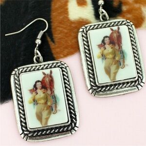 Vintage Cowgirl & Horse Portrait Earrings – Western Pin-Up Style